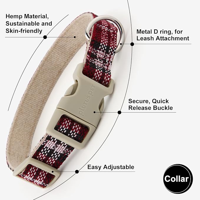 Plutus Pet Cotton Hemp Dog Collar and Leash Set, Adjustable Collar for Small, Medium, and Large Dogs, Heavy Duty and Soft on Skin, Red Plaid, XL