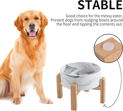 Raised/Elevated Ceramic Dog Bowl for Medium Large Sized Breeds,Large Dog Food Water Bowl with Stand,8 in Non Slip Heavy Weighted 1800ml/ 7.6 Cups/60 OZ Marble Grey