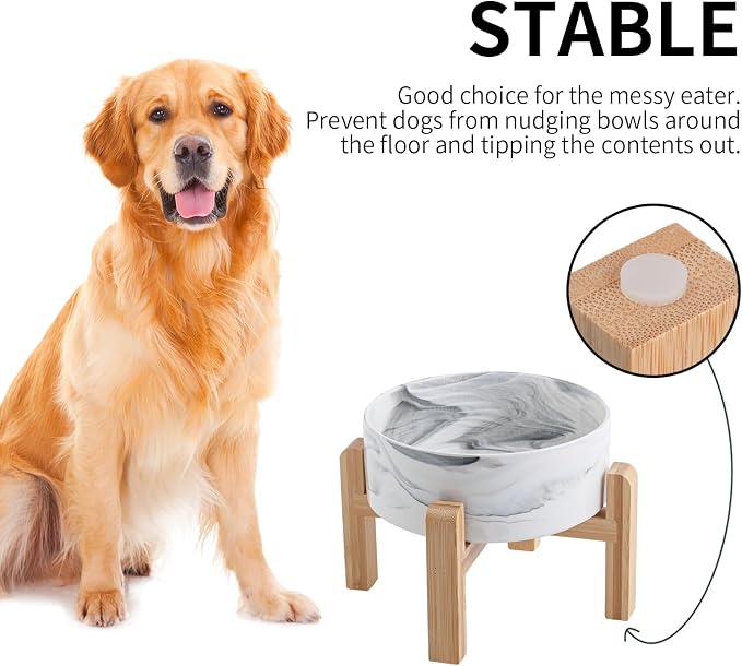 Elevated/Raised Ceramic Dog Bowl with Bamboo Stand (Marble Gary, 3.6Cup)