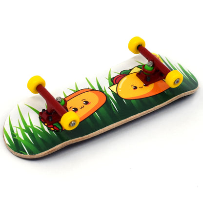 Teak Tuning 32mm Pro Fingerboard Heat Transfer Graphic Complete - Fully Assembled with Pro Level Parts - Pro Shaped Wood Deck (34x97mm), UltraSpin Wheels, Prodigy Trucks - Happy Tacos