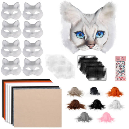 Giftota 47 Pcs DIY Therian Mask Kit for Boys Girls - 8 Blank Cat Mask with Super Soft Felt Fabric Sheet, Plush Faux Fur, Eye Mesh, Gem Sticker - DIY Fox Masks for Christmas Masquerade Cosplay Party