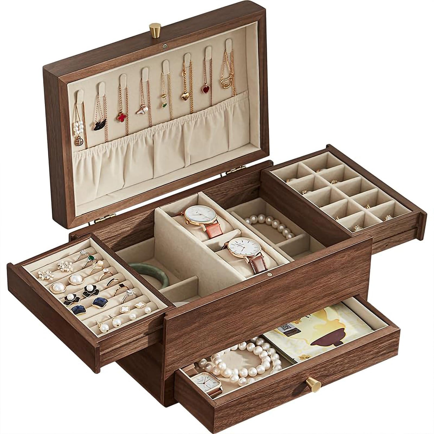 Homruilink Wooden Jewelry Box for Women, 3 Level Multi-functional Drawers Black Walnut Jewelry Organizer Box, Watch, Necklace, Ring, Earring Storage - Fathers Day Gift (No Mirror)