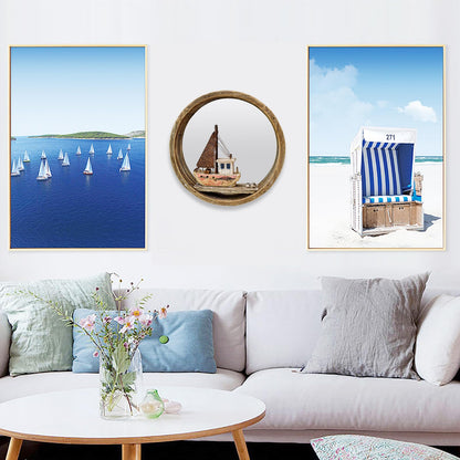 Nautical Wood Wall Decoration Hanging Circle Mirror Sailboat Sign Wooden Sailing Boat Rustic Home Decor Ocean Wall Art Beach Themed Ornament for Door