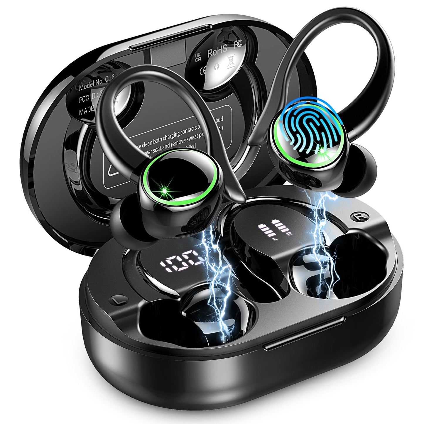 Wireless Earbuds Sports, Bluetooth 5.4 Headphones Hifi Stereo, 50H Playback Over-Ear buds with ENC Noise Cancelling Mic, Earphones with Earhooks, IP7 Waterproof Fitness Headset for Gym Running Workout