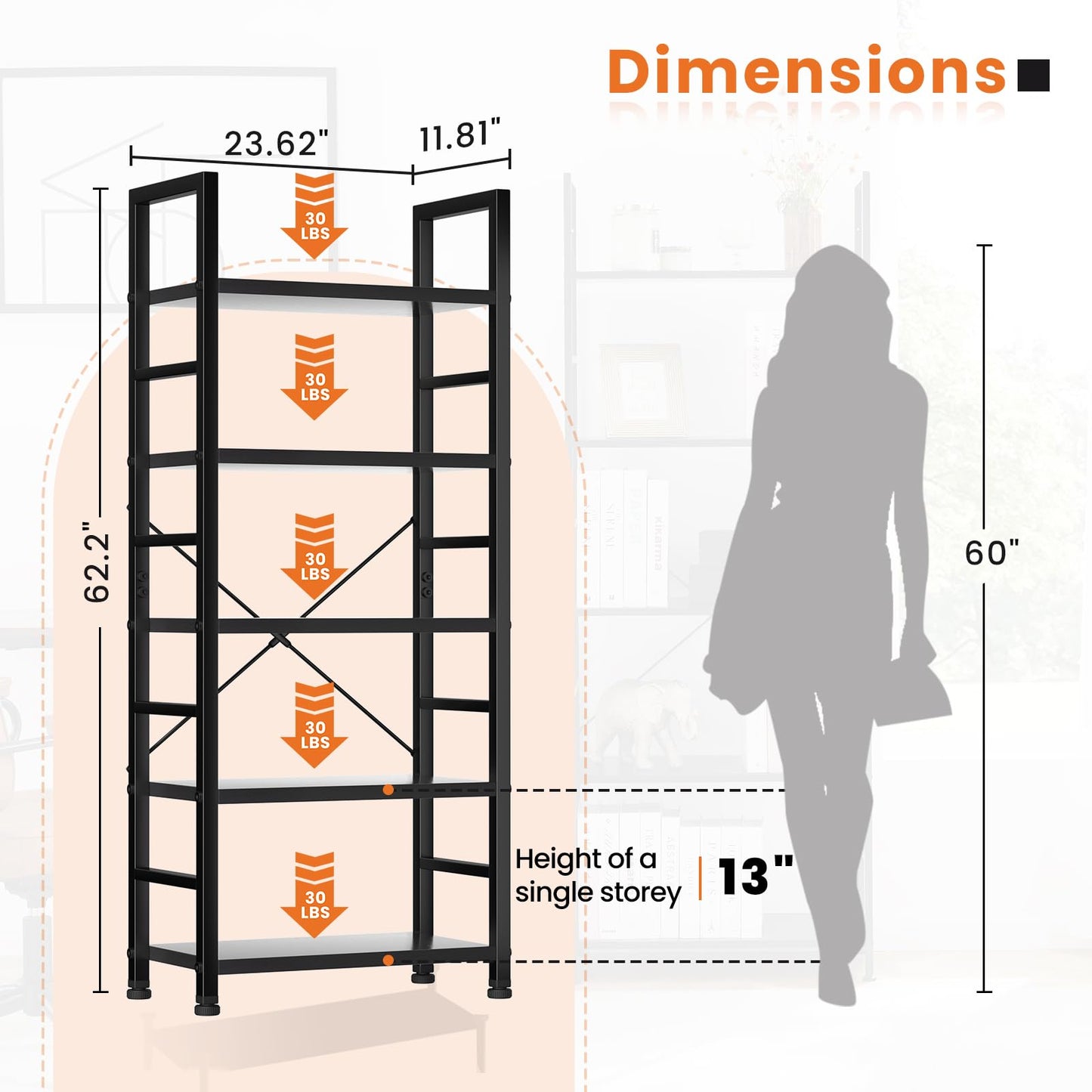 Sweetcrispy Book Shelf, 5 Tier Bookcase, Modern Tall Bookshelf for Garage Kit, CDs, Movies, Industrial Corner Storage Organizer for Bedroom Home Office Kitchen Living Room, Black