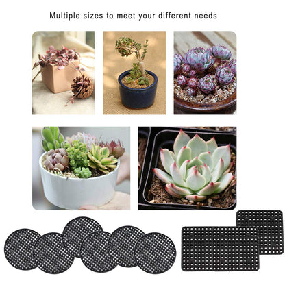 100 Pcs Plant Pot Hole Mesh Pads,Round & Square Flower Pot Drainage Covers,Bonsai Bottom Grid Mat,Prevent Soil Loss, Durable Reusable,Breathable,3 Sizes (50PCS 1.8", 30PCS 2.16", 20PCS 2.9")
