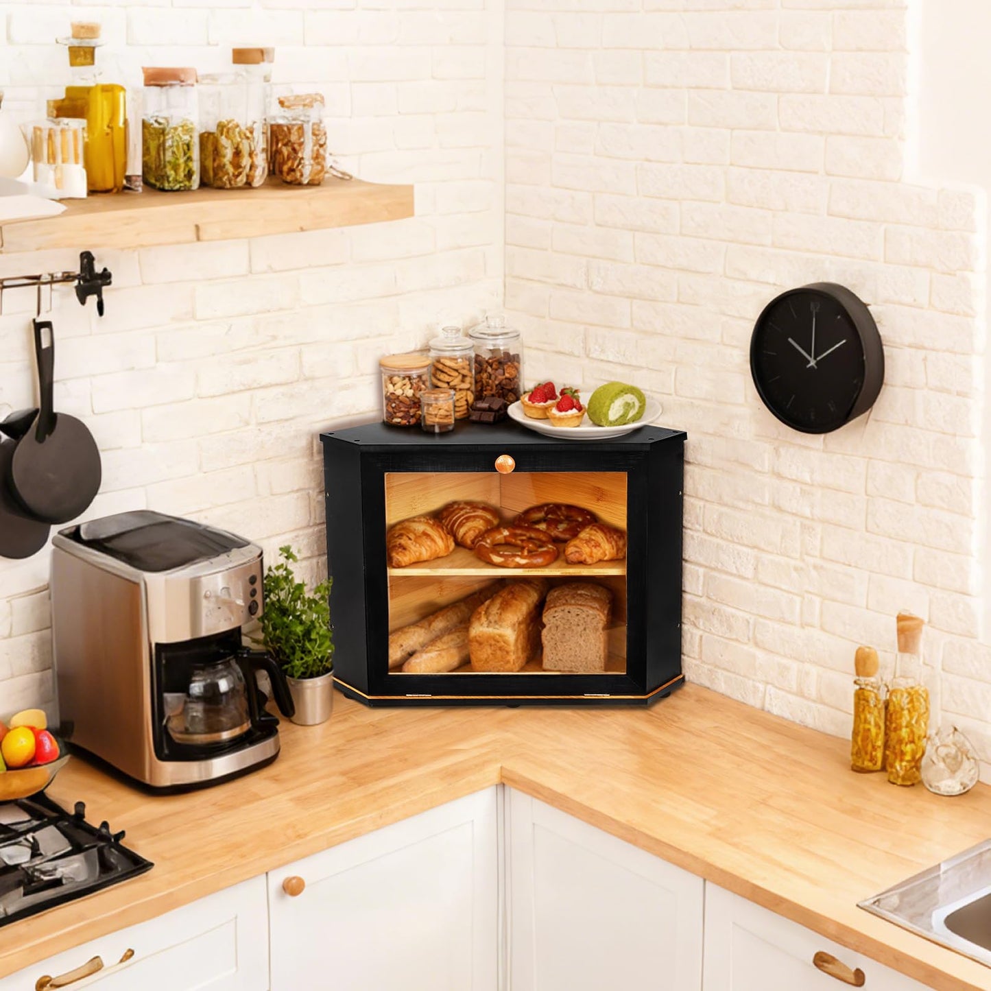 Bamboo Corner Bread Box for Kitchen Countertop - Double Layer Bread Storage with Clear Window, Black Wooden Bread Keeper Organizer for Homemade Bread, Under Cabinet Mount, Fits Countertop & Pantry