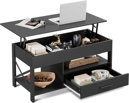 WLIVE Coffee Table, 39" Lift Top Coffee Table with Hidden Compartment, Storage Drawers and Storage Shelf for Living Room, Reception Room, Black