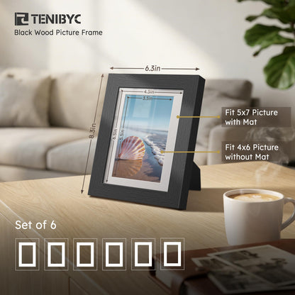 TENIBYC 5x7 Picture Frame Set - 6 Pack, Black Solid Wood Photo Frames - Tempered Glass - Displays Photos 4x6 with Mat or 5 x 7 without - Room, Office, Gallery, and Hallway Decor - Wall Hanging