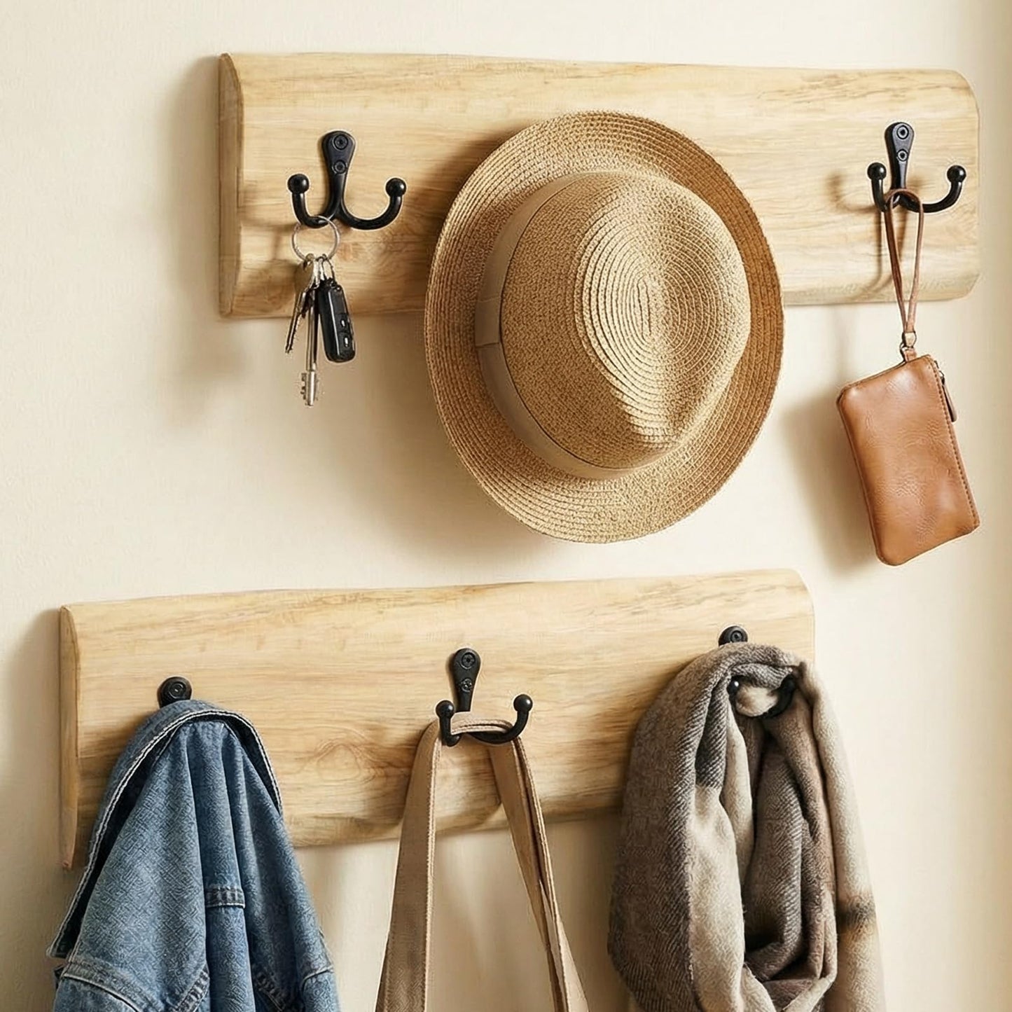 Threehoney 2 Pcs Wooden Coat Rack Wall Mount, 15.8 Inch Farmhouse Style with 3 Hooks, Heavy Duty Wall Hanger for Hanging Backpack, Jacket, Hat, Towel, Purse - Entryway, Bathroom, Bedroom Organizer