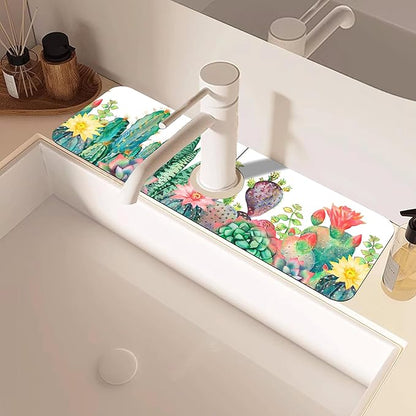 Watercolor Cactus Floral Sink Faucet Absorbing Mat Sink Splash Guard Faucet Mat