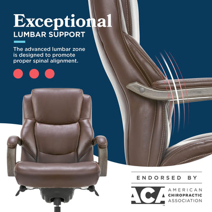 La-Z-Boy Delano Big and Tall Executive Office Chair - Ergonomic Lumbar Support Memory Foam - Bonded Leather Desk Chair for Home Office - Weathered Gray Wood Arms - Brown