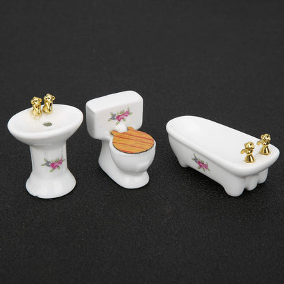 RIZGHWOY 1/24 Dollhouse Miniature Bathroom Set, Ceramic Bathtub Toilet Sink Kit with Exquisite Design, for Doll House Bathroom Scene (Rose)