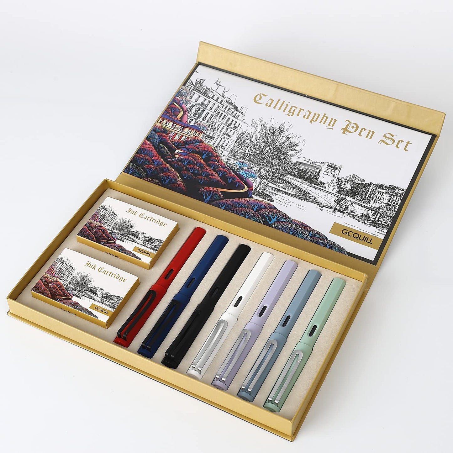 GC QUILL Calligraphy Fountain Pen Set- 7 with Different Nibs and 40 Ink Cartridges for Beginners- MU-09