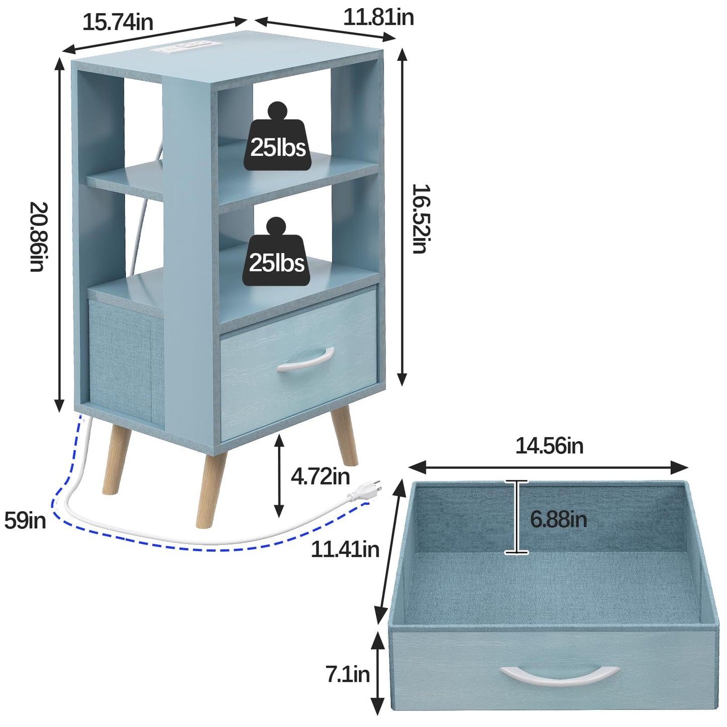 Aenuert Night Stand with Charging Station, Blue Nightstand with Drawer, 3-Tier Wooden Bedside Table with USB Ports and Outlets, End Table for Small Space, Living Room, Bedroom