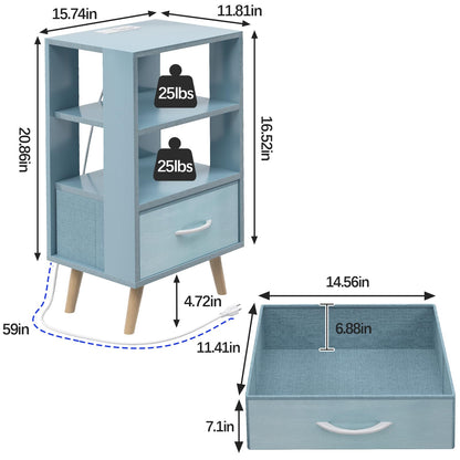 Aenuert Night Stand with Charging Station, Blue Nightstand with Drawer, 3-Tier Wooden Bedside Table with USB Ports and Outlets, End Table for Small Space, Living Room, Bedroom