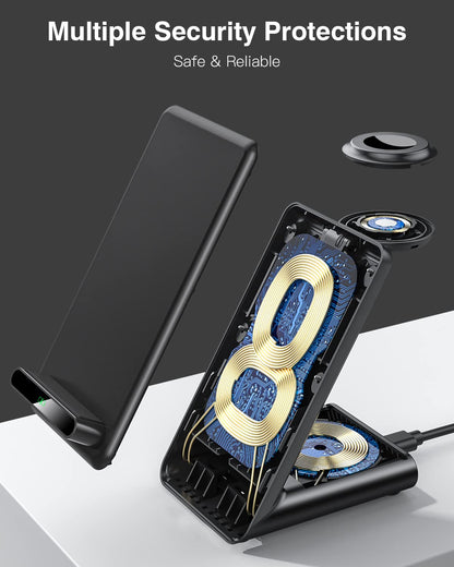 Wireless Charging Station,3 in 1 Charging Stand Made for Apple Watch Ultra 11 10 9 8 7 6 SE 5 4 3,Fast Wireless Charger Made for iPhone 17/Air/16/15/14/13/12,for AirPods Pro(with Adapter) (Black)