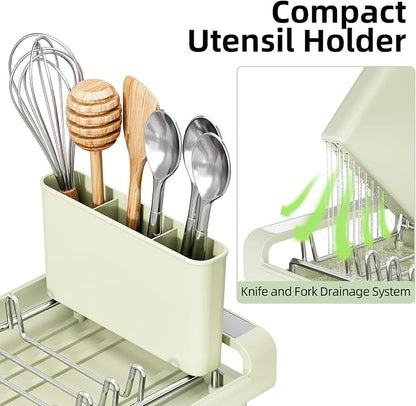 TOOLF Small Dish Drying Rack, Mini Expandable Compact Dish Rack, Slim Extendable Stainless Steel Dish Drainer for Kitchen Countertop, Space Saving Dish Strainer, Soft Celery Green