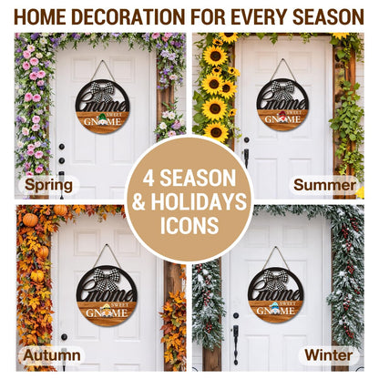 Interchangeable Seasonal Gnome Sweet Gnome Hanging Sign - Farmhouse Front Door Decoration for Spring All Seasons Holidays - Rustic Round Wood Wreaths with 12 Icons(Orange)