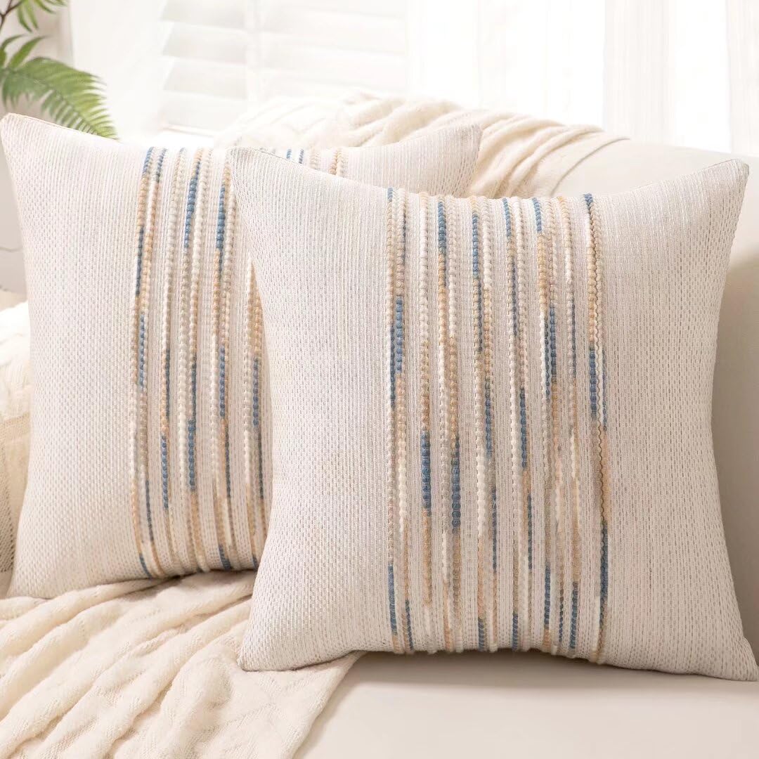 Boho Throw Pillow Covers 18x18 Set of 2 Farmhouse Decorative Cushion Case Striped Square Pillows Cover Chenille Pillow Cases Accent Neutral Pillowcase for Sofa Couch Bed,Sky Blue