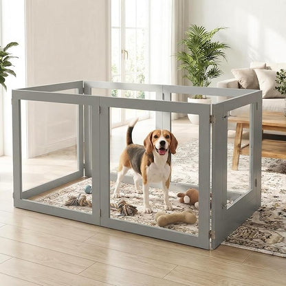 Heavy Duty Clear Acrylic Dog Playpen for Small/Medium Pets – 32" High Clear Pet Pen with Sturdy Metal Frame, Walk-in Kennel, Expandable Indoor & Outdoor Pet Play Yard (Grey, 2 Panel)
