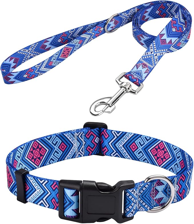MarukoPet Dog Collar and Leash Set, Adjustable for Small Medium Large Dogs Puppy, Cute Design with Bohemia Floral Tribal Geometric Patterns Boys Girls Dog Collar(Blue Ethnic Style Set,S)