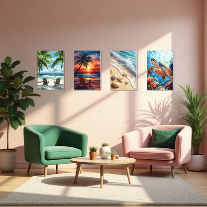 4 Pack Framed Paint by Numbers Kit for Adults Beginner Canvas Painting by Numbers for Adults Beach Easy Adult Paint by Number Kits with Frame Sea Turtle Watercolor Painting by Number 8x12 Inch