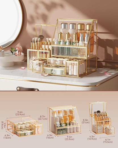 CoralHouse Makeup Organizer with Lid, 3-Piece Clear Glass Vanity Organizer with Gold Frame, Cosmetic Display Case for Perfume, Skincare, Lipsticks, Brushes and Bathroom Countertop