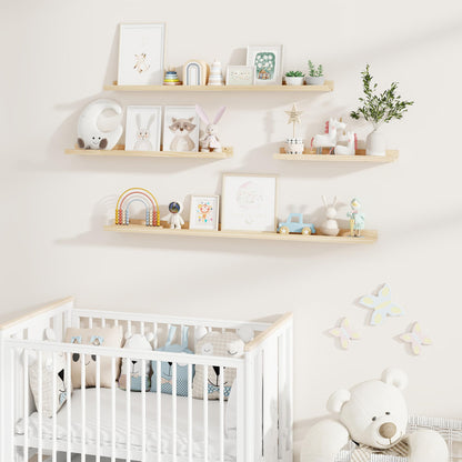 Fun Memories Picture Ledge Shelf, Pine Wood Floating Shelves Set of 2, 36 inch Nursery Book Shelves, Photo Ledge Book Shelves Wall Mounted for Living Room Kids' Room Bedroom - Natural