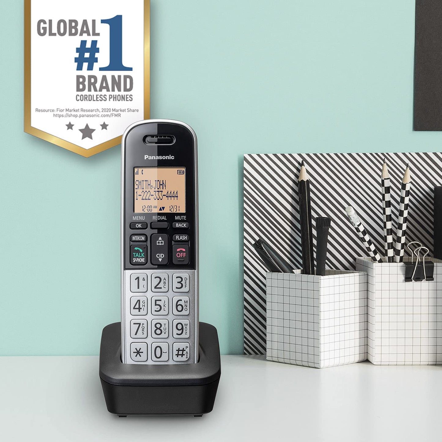 Panasonic Compact Cordless Phone with DECT 6.0, 1.6" Amber LCD and Illuminated HS Keypad, Call Block, Caller ID, Multiple Display Languages - 1 Handset - KX-TGB810S (Black/Silver)