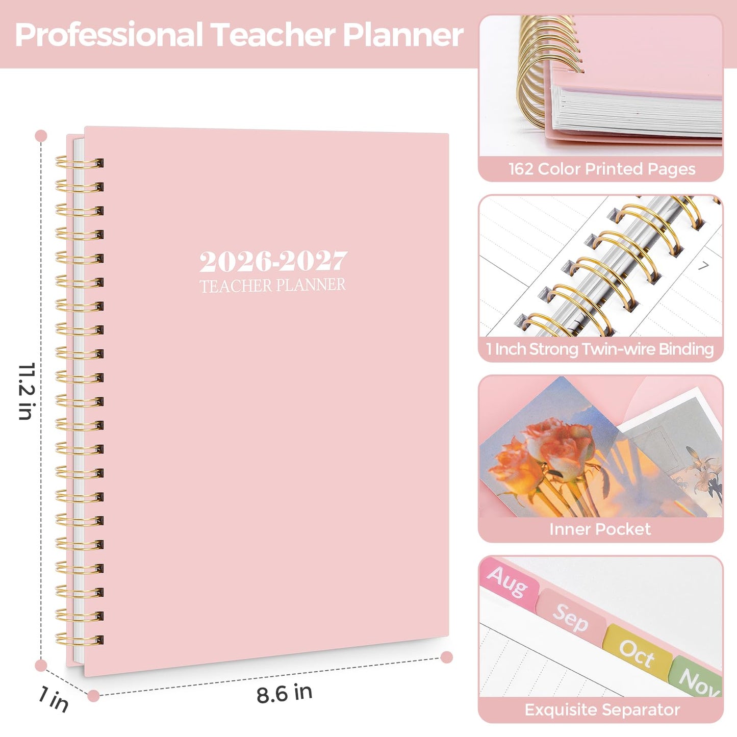 SKYDUE Teacher Planner 2026-2027 Academic Year, 8.5" x 11" Lesson Plan Book, July 2026-June 2027, 162 Pages, Monthly Tabs, Stickers, Weekly Lesson Planning, Student Tracking & Classroom Organization, Pink
