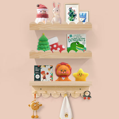 Varbonia Floating Nursery Book Shelves for Wall, 16'' Wood Book Shelf for Baby Boys Girls Bedroom Bathroom and Décor Storage, Wall Shelf for Books, Plants, Toys, Photo Frames (Wooden, 3 Pack)