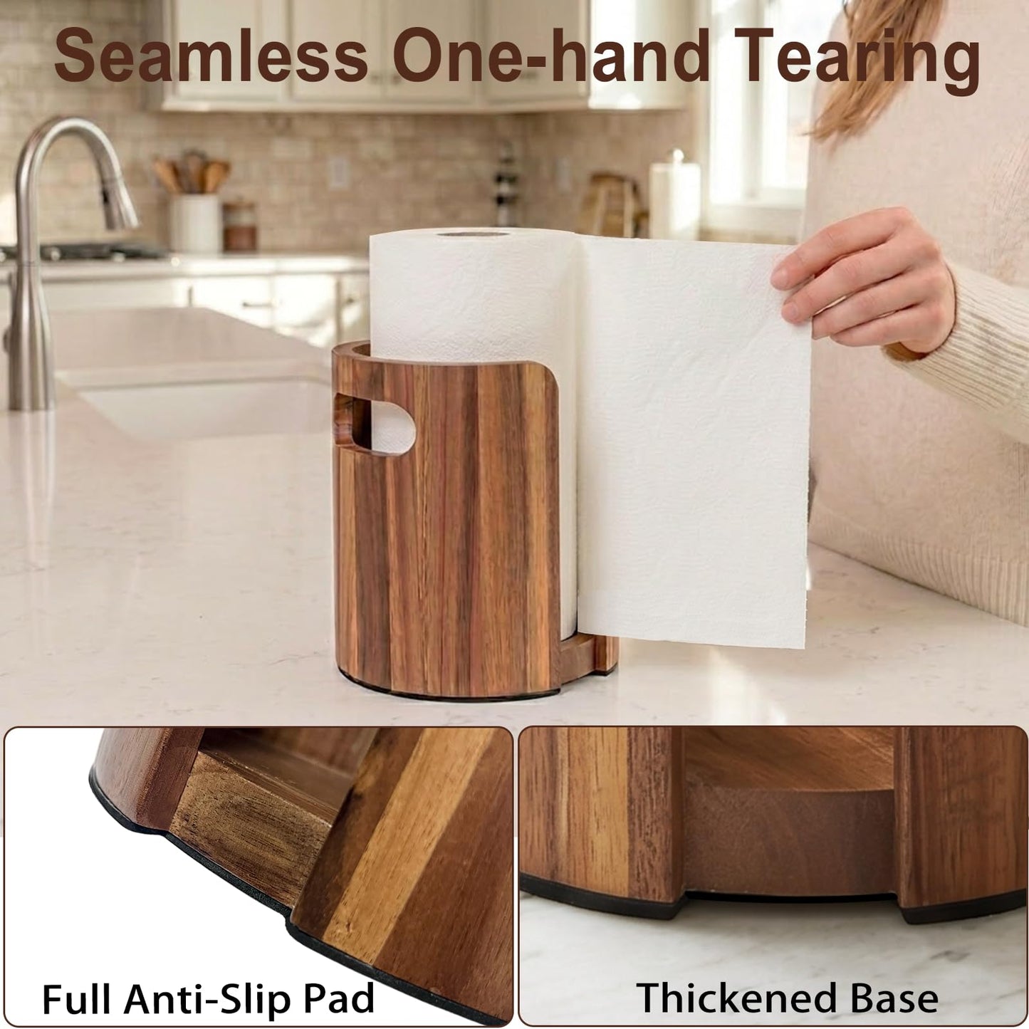 Premium Wood Paper Towel Holder for Kitchen Countertop, Acacia Wooden Kitchen Towel Holder with Splash Guard, Handles & Weighted Non-Slip Base, Home Decor Essentials, for Kitchen, Bathroom, Bar