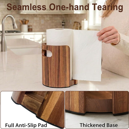 Premium Wood Paper Towel Holder for Kitchen Countertop, Acacia Wooden Kitchen Towel Holder with Splash Guard, Handles & Weighted Non-Slip Base, Home Decor Essentials, for Kitchen, Bathroom, Bar