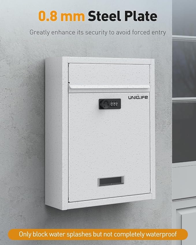Uniclife Wall Mount Mailbox for Outside, Large Locking Mailbox with Combination Lock, Security Mail Box for House, Safe Key Drop Box, Post Box, Steel Cash Drop Box for Home Office School, White