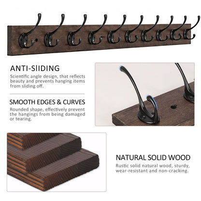 IBosins Wall Mounted Coat Rack,Vintage Wood Coat Rack, 34" Long with 10 Black Double Hooks Rail for Entryways, Bathrooms, Living Rooms to Hang Coat, Scarve, Hat,Key, Bag
