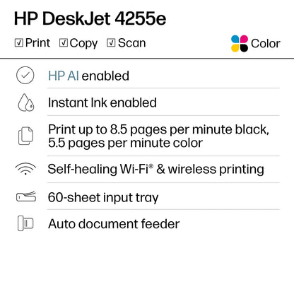 HP DeskJet 4255e Wireless All-in-One Color Inkjet Printer, Scanner, Copier, Best-for-home, 3 month Instant Ink trial included. This printer is only 2.4 ghz capable. AI-enabled (588S6A)
