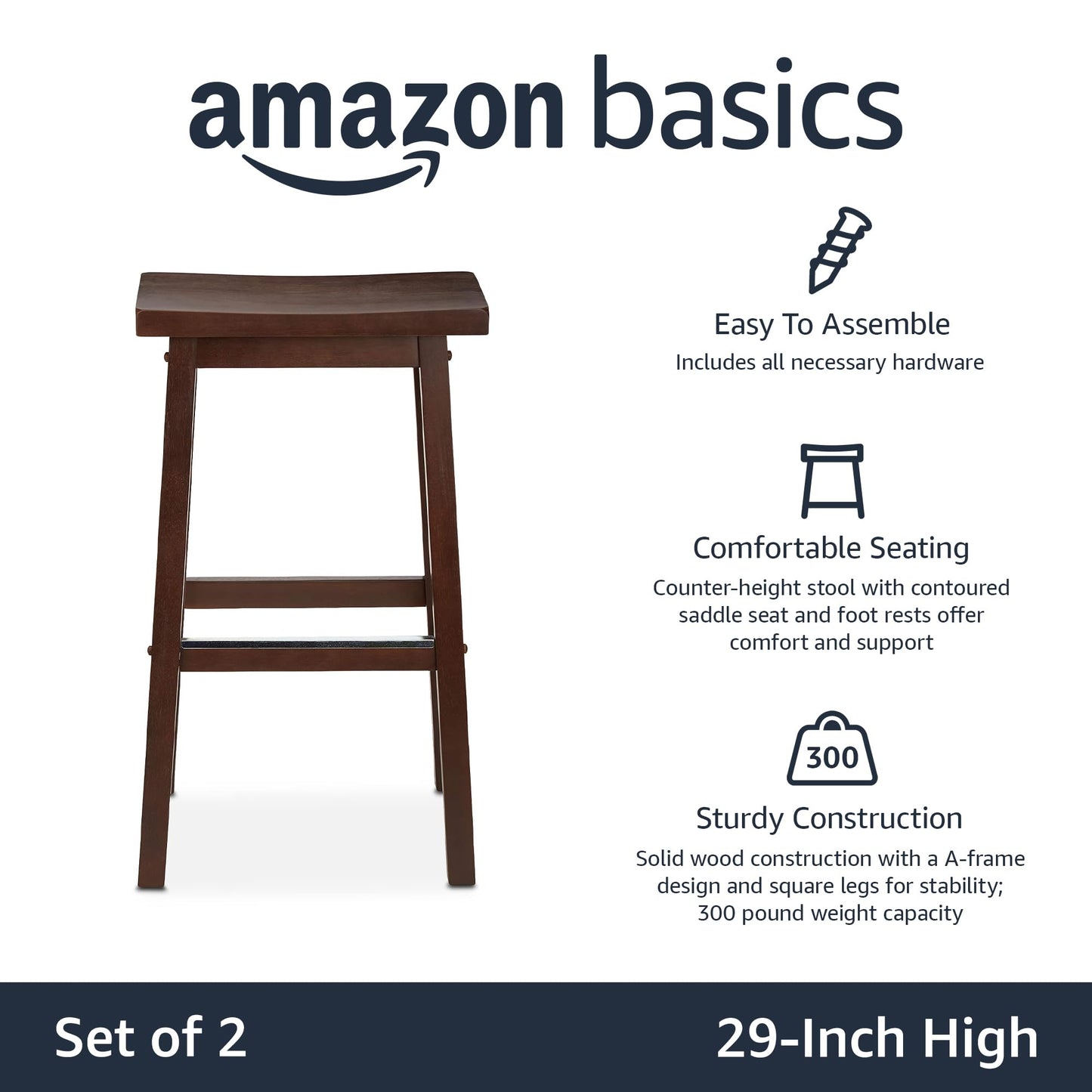 Amazon Basics Solid Wood Saddle-Seat Counter Height Bar Stools for Kitchen Island and Home Bar with Footrest, 29-Inch Height, Walnut, Set of 2