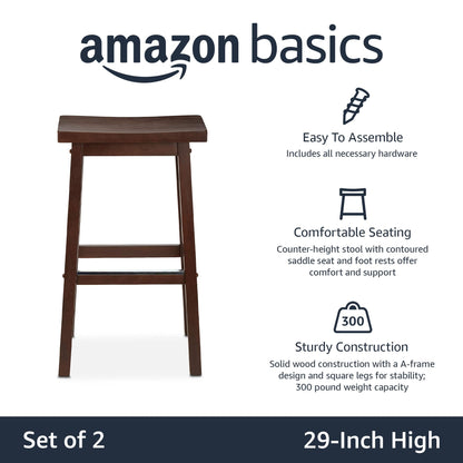 Amazon Basics Solid Wood Saddle-Seat Counter Height Bar Stools for Kitchen Island and Home Bar with Footrest, 29-Inch Height, Walnut, Set of 2