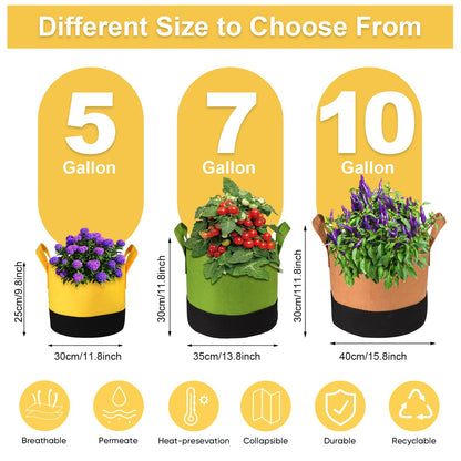 SouilGoal 6-Pack 5/7/10 Gallon Grow Bags - 350G Heavy Duty Fabric Pots with Handles, Multi-Size Planter Bags for Potatoes Tomatoes Vegetables Fruit Flowers Herbs