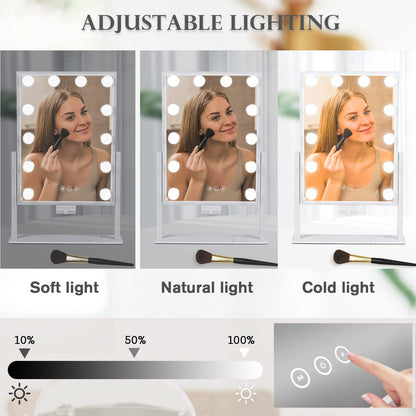 Lighted Makeup Mirror Hollywood Mirror Vanity Mirror with Lights, Touch Control Design 3 Colors Dimable LED Bulbs, Detachable 10X Magnification, 360°Rotation, (White) 12" L x 14" W