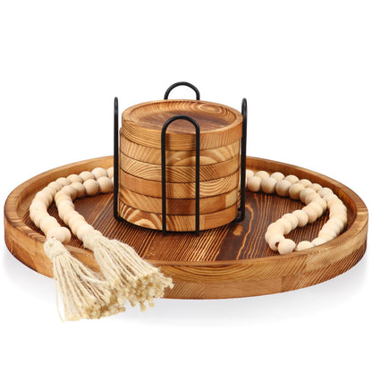 Acellegic Boho Table Centerpieces Set 1 Wood Decorative Tray, 6 Wooden Coasters for Drinks and 1 Farmhouse Beads for Home, Bedroom, Coffee Table, Sofa Area, Farmhouse, Office, Bar