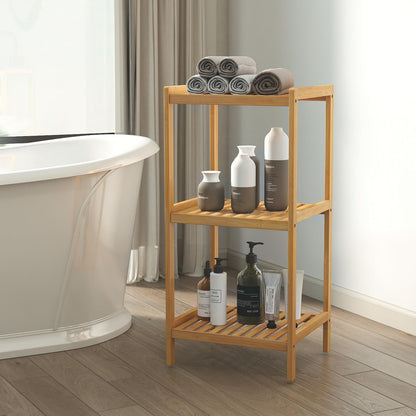 kinbor 3-Tier Bamboo Shelf Freestanding - Space-Saving Bathroom Standing Shelf & Plant Stand, 3 Shelf Bookcase for Kitchen, Living Room, Office (Natural Bamboo, Easy Assembly)