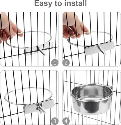 Pet Food Water Bowl with Clamp Holder Stainless Steel Coop Cup Hanging Feeder for Dog Bird Parrot Cat Rabbit (L)