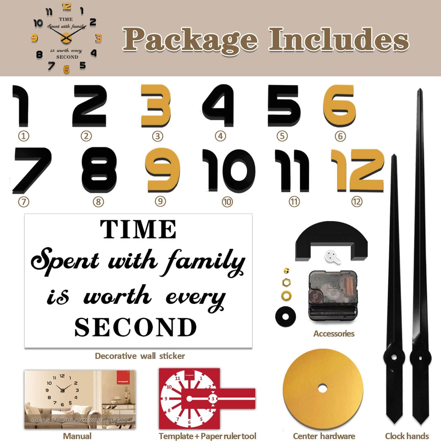 VANGOLD Wall Clock Large Wall Clock for Living Room Decor, Decorative Wall Clocks Battery Operated (Black Gold Wall Decor)