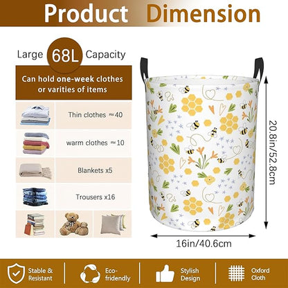Bee Honey Flower Laundry Basket, Waterproof Foldable Laundry Hamper, Dirty
