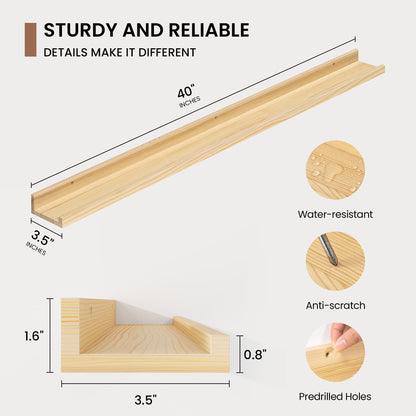 Picture Ledge Shelf, Floating Shelves Set of 2, 40 Inches Solid Wood Nursery Book Shelves for Toys Storage, Kids Bookshelf Wall Mounted for Living Room Decor Books Photo Frames, Unfinished Natural