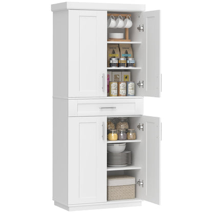 HOMCOM 72" Kitchen Pantry Cabinet, Freestanding Tall Storage Cabinet with 4 Doors, Drawer and 3 Adjustable Shelves for Dining Room, White