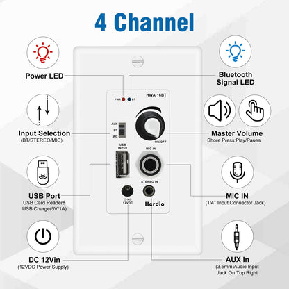 Herdio 8'' Bluetooth in Wall in Ceiling Speakers 800W 2-Way Flush Mount Speakers System with Wall Amplifier Receiver for Home Theater Office (2 Pairs, Paintable-Grille)