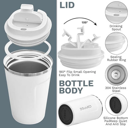 YINBAOGE Insulated Travel Coffee Mug, Spill & Leak Proof, Portable To Go Camping Stainless Steel Coffee Tumbler, Reusable Thermal Coffee Cup with Lid for Hot & Cold Drinks (2nd-White, 12 OZ)